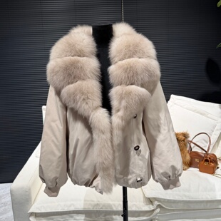 “韩剧女主”定染霜色狐狸毛领90白鹅绒派克新款皮草外套女
