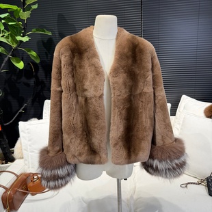 时尚 子整皮獭兔毛V领大衣女短款 皮草外套女 狐狸毛大袖 首尔美人