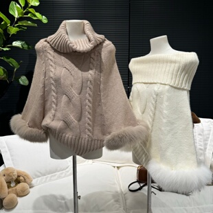 「慵懒感觉」粗针针织毛衣拼接可拆卸狐狸毛袖 口皮草