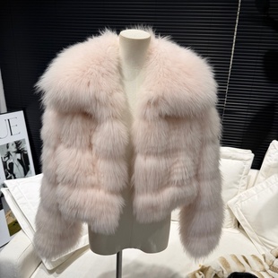 「落樱告白」淡粉色大翻领车条显瘦狐狸毛皮草外套