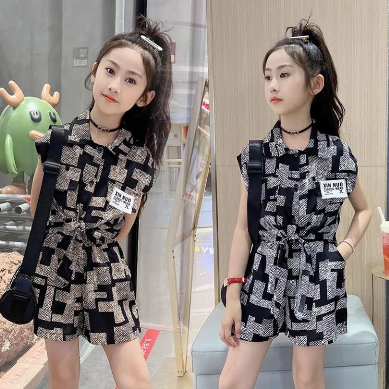 正品亲子女童无袖套装2025夏季新款中大童薄款雪纺短裤韩版两件套