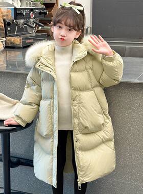 亲子女童新款中长款羽绒棉服洋气保暖儿童外套加厚带毛领过膝
