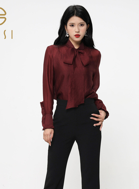 bcvoga百丝法式飘带领长袖衬衣新品复古安可拉红上衣女衬衫