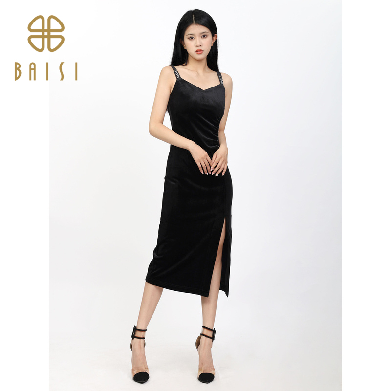 百丝BCVOGA设计感压褶显腰线吊带裙2024秋季新品V领开叉连衣裙女