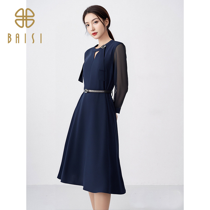 2025春夏新品百丝圆领中长裙温婉大气收腰显瘦气质优雅连衣裙女