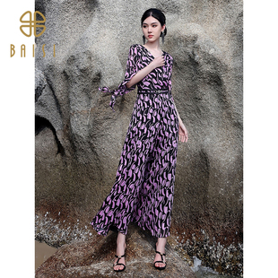 通勤宽松遮肉长裤 百丝复古几何印花V领收腰连体裤 女 新品 2025夏季