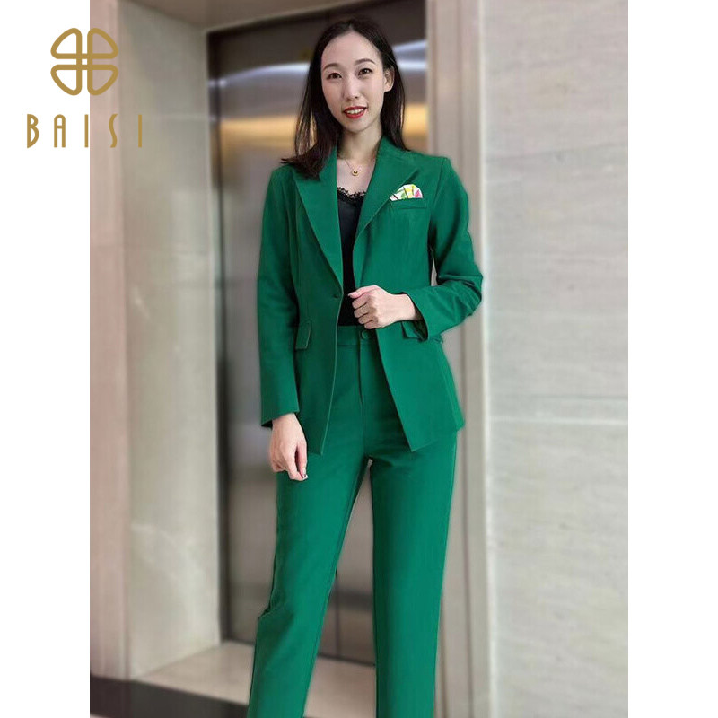 百丝清新浪漫绿色职业西装2023冬季新品设计感小心机V领收腰外套