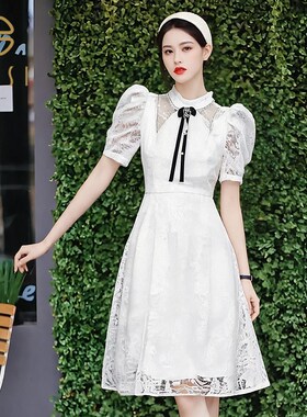 夏季新品百丝短袖中长裙名媛雪纺白色精致收腰修身连衣裙女