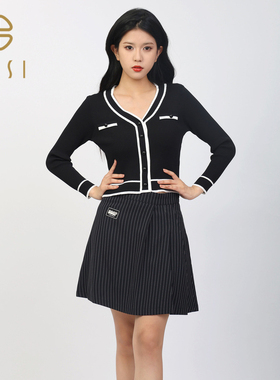 百丝BCVOGA黑白拼接长袖上衣2024秋季新品小香风收腰针织衫外套女