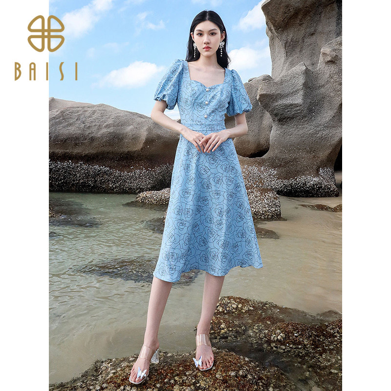 2025夏季新品百丝气质方领收腰A字连衣裙复古印花百褶长裙女