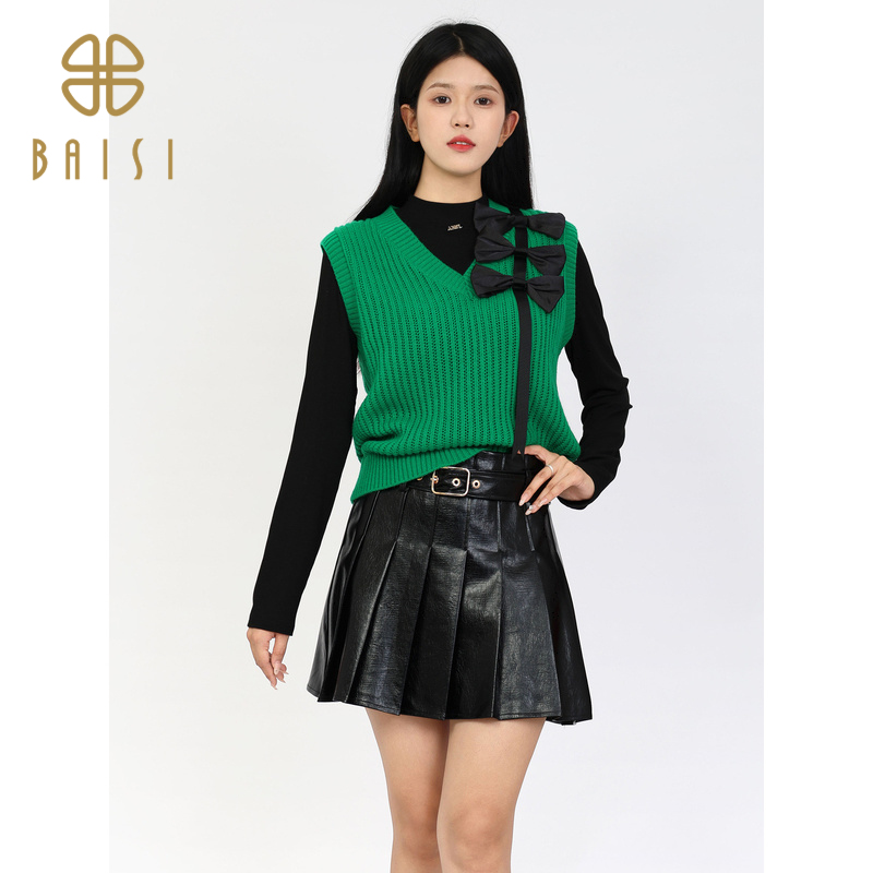 百丝BCVOGA甜美蝴蝶结马甲针织衫2024冬季新品时尚V领无袖上衣女