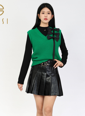 百丝BCVOGA甜美蝴蝶结马甲针织衫2024冬季新品时尚V领无袖上衣女