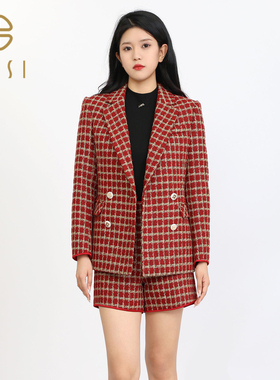 百丝/BCVOGA格子粗花呢小香风上衣2024新品双排扣西装短款外套