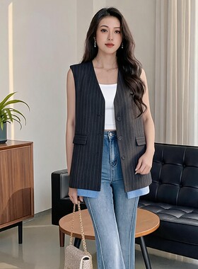 百丝高级感拼色无袖上衣秋季新品洋气时尚收腰显瘦西装外套女