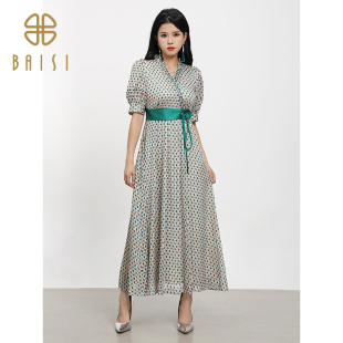 长裙绿色波点轻熟风洋气复古飘逸连衣裙女 百丝泡泡袖 2025夏季 新品