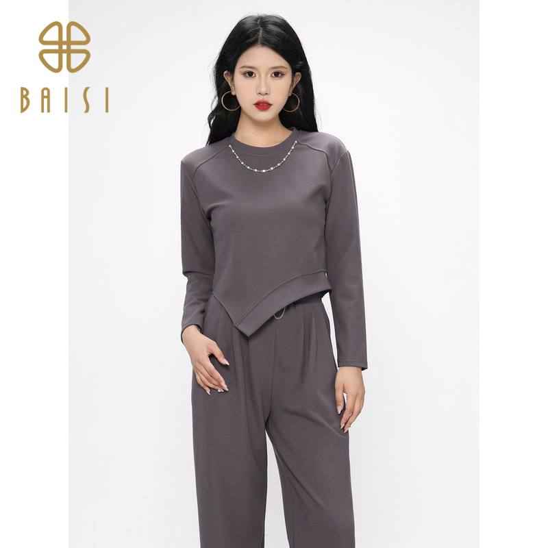 百丝BCVOGA不规则下摆长袖卫衣2024秋季新品时尚链条圆领上衣女