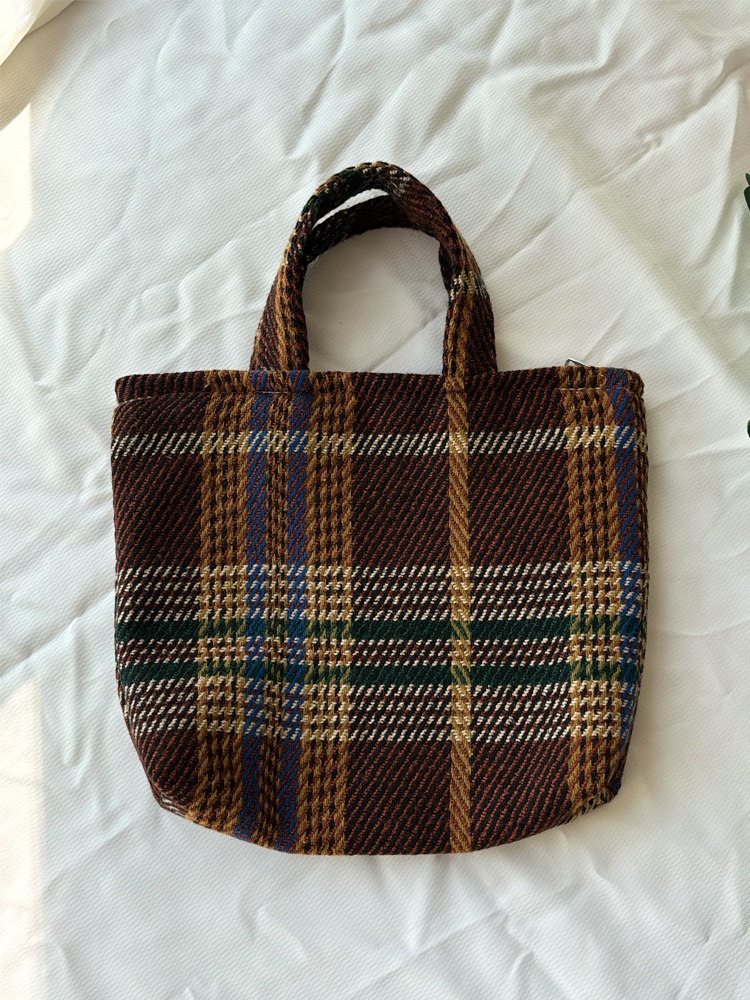 thumbnail for Plaid small handheld bag, phone bag, vintage color series, niche woolen autumn/winter new versatile handbag, outdoor cloth bag for women