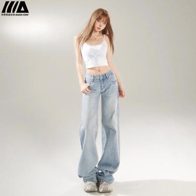 阿罗斯浅蓝色阔腿牛仔裤女春季2025新款低腰显瘦小个子宽松直筒裤
