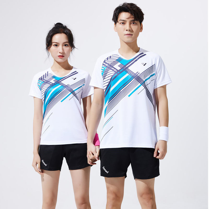羽毛球服套装上衣短裤速干吸汗男女短袖T恤网球服蓝白色乒乓球衣
