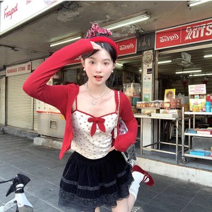 甜美辣妹蝴蝶结吊带背心小熊波点印花女夏带胸垫美背内搭外穿上衣