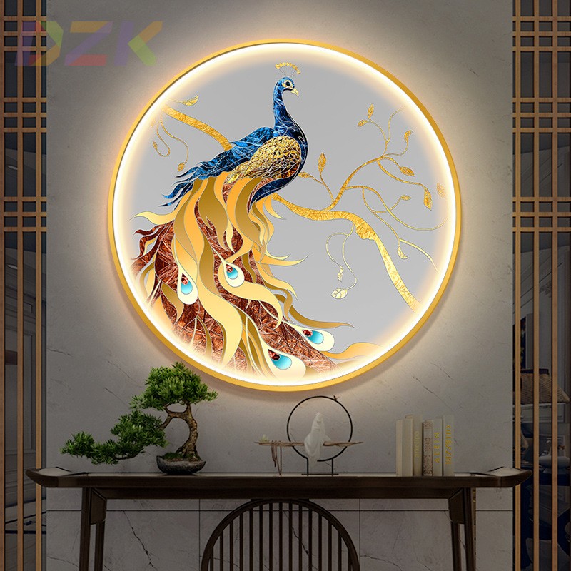 现代装饰画寓意孔雀玄关画LED灯圆形挂画客厅餐厅背景墙晶瓷画.1图片