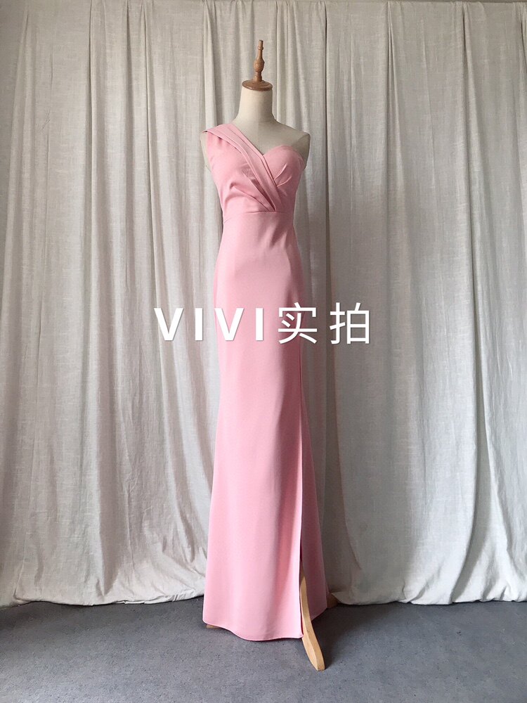 单肩弹力开叉鱼尾礼服伴娘服主持表演年会晚装