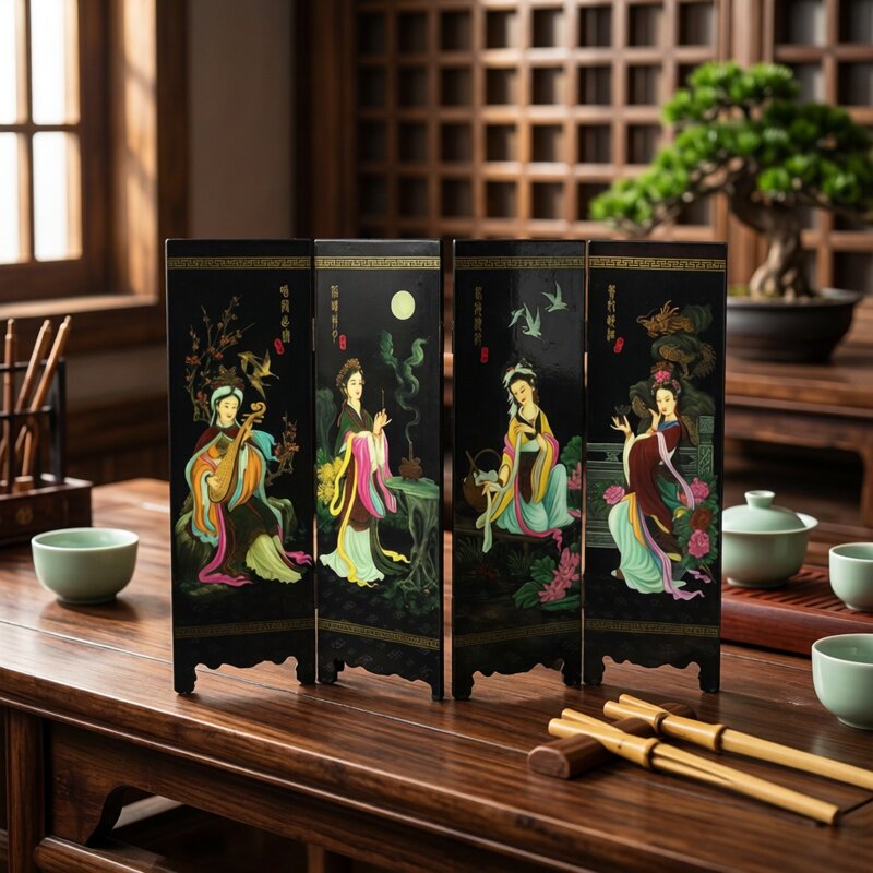 漆器仿古小屏风摆件 中国风特色礼品 实木烤漆工艺品礼物四大美女