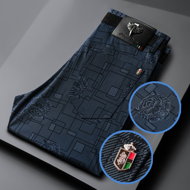 男裤夏季薄款虎纹休闲裤修身直筒男长裤弹力大码AEMAPE牛仔裤潮流