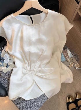 法式杏色褶皱钉珠醋酸缎面上衣女2025年夏季新款气质收腰薄款衬衫