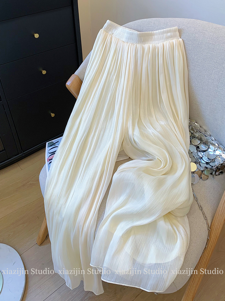 杏色薄纱雪纺阔腿裤女夏季2024新款气质高级感垂感褶皱小个子裙裤