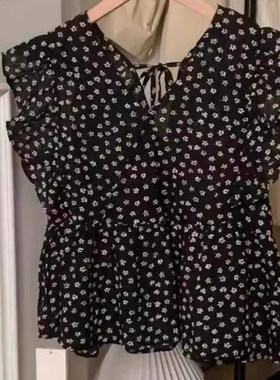 V领短款印花无袖碎花雪纺衫女2025夏季新款薄款波浪边飞飞袖上衣