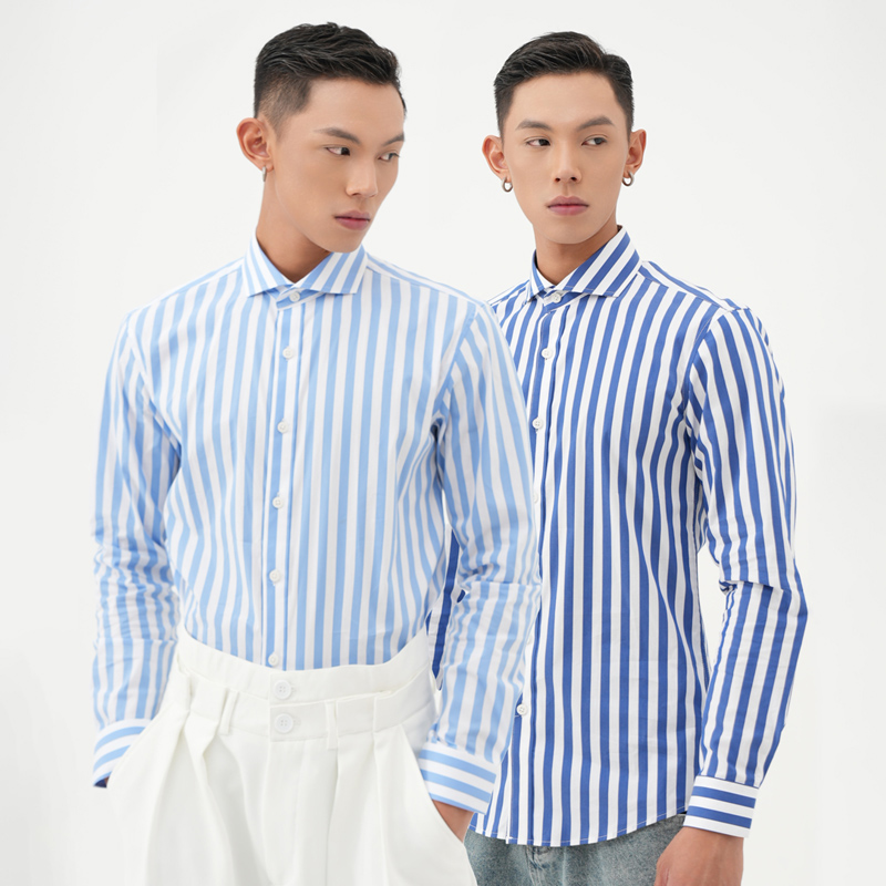 CLP深浅蓝色条纹温莎领长袖衬衫衬衣合身休闲修身商务男士衬衣潮