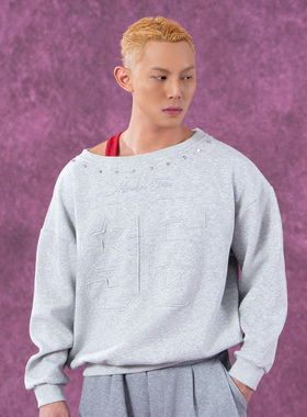 CLP灰红色宽肩贴布铆钉设计长袖卫衣男休闲宽松美式套头上衣运动