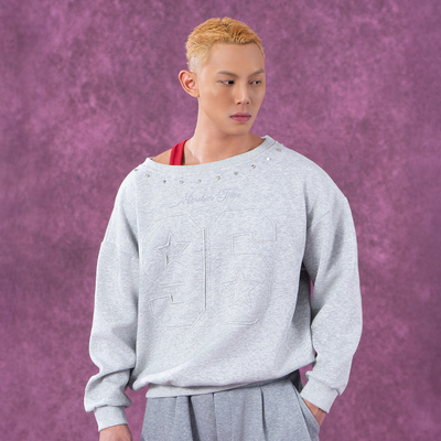 CLP灰红色宽肩铆钉运动长袖卫衣