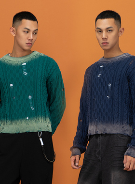 CLP蓝绿色渐变破洞针织衫毛衣毛衫男女套头长袖宽松纯棉复古做旧