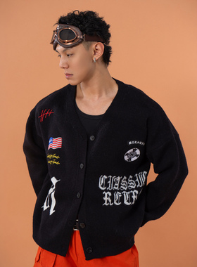 CLP黑色美复古刺绣针织衫开衫长袖毛衣外套男女宽松V领街头休闲潮