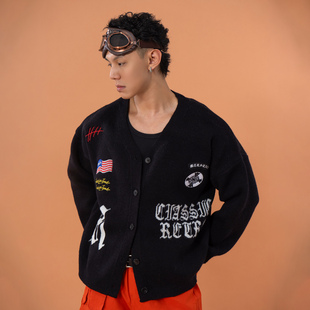 毛衣外套男女宽松V领街头休闲潮 长袖 CLP黑色美复古刺绣针织衫 开衫