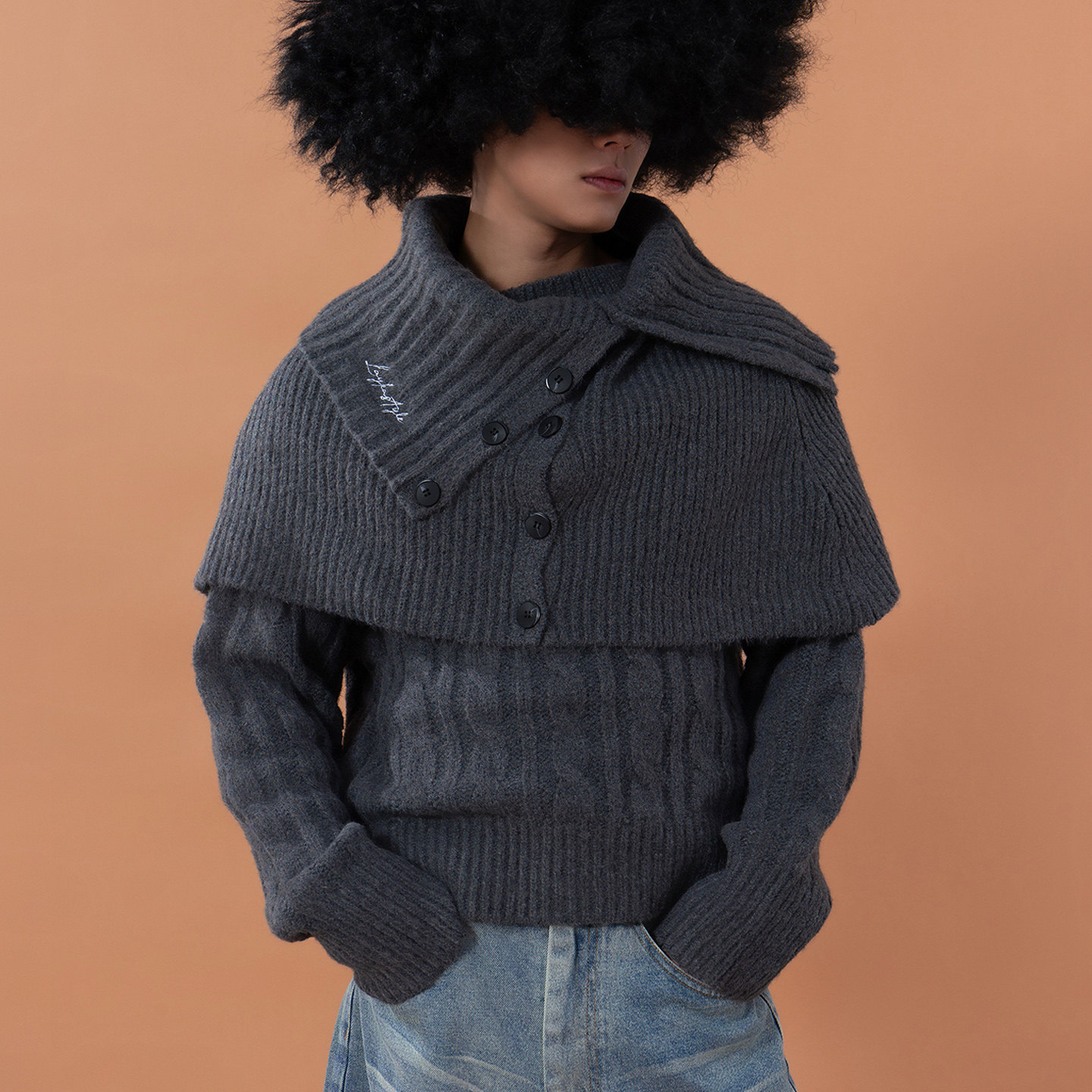 CLP灰色叠穿针织开衫围脖毛衣男女可拆一字领宽松休闲慵懒宽领潮,男装,针织衫/毛衣,淘宝优惠券,粉丝福利购,淘宝优惠卷