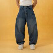 男宽松阔腿直筒复古拼接高街休闲 牛仔裤 CLP蓝色弯刀裤 大口袋工装