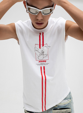 CLP白色迪克牛仔手绘印花背心T恤男原创宽松坎肩无袖运动夏季休闲