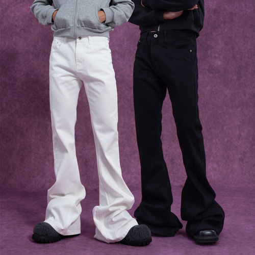 CLP黑白超长拖地修身喇叭牛仔裤