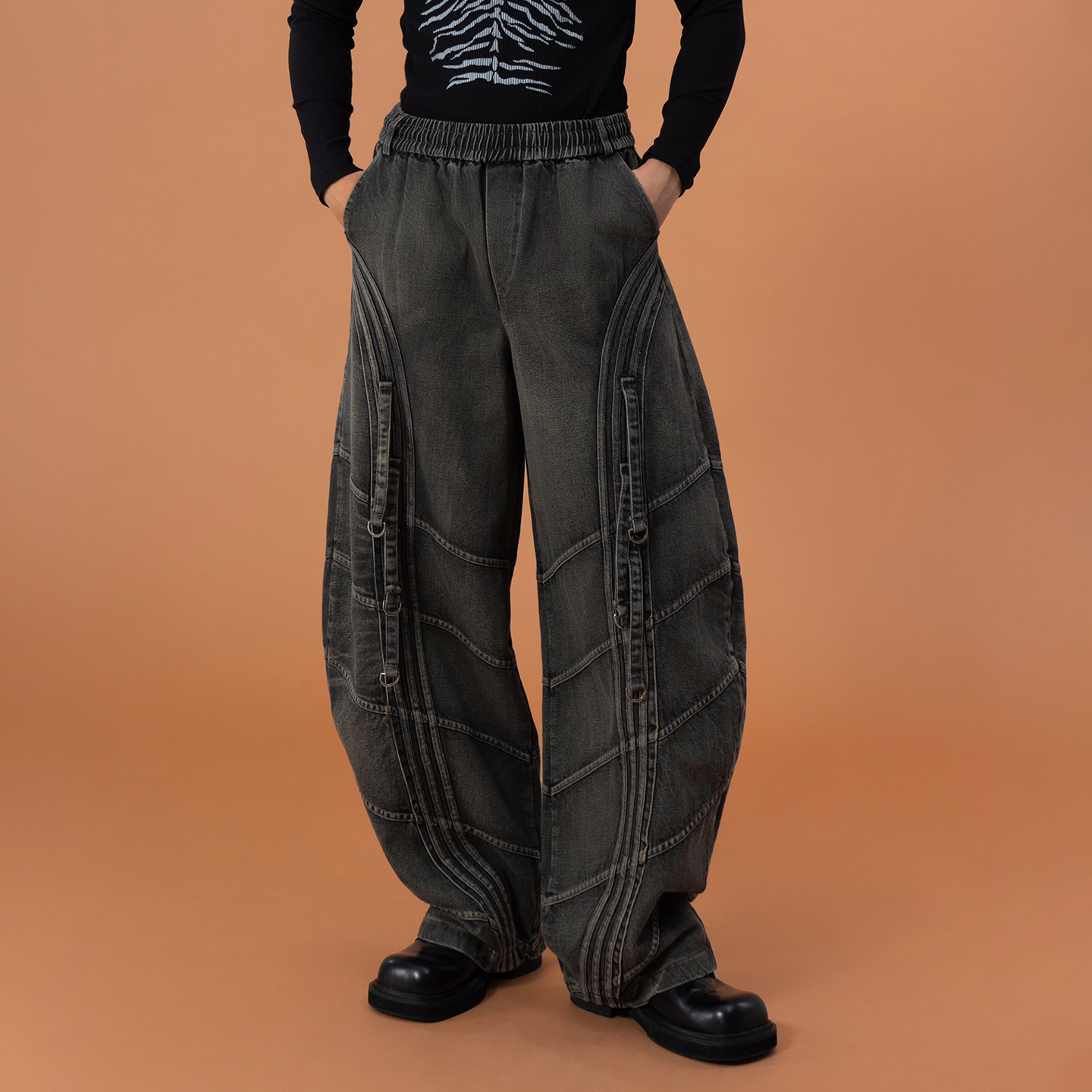 CLP灰色弯刀阔腿男士做旧牛仔裤