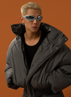 CLP黑灰色廓形面包宽松棉服外套男拉链短款立领加厚棉衣加厚休闲