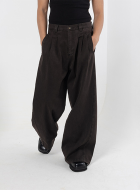 CLP黑色棕色复古工字折压褶阔腿牛仔裤宽松直筒坠感休闲拖地喇叭