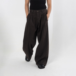 CLP黑色棕色复古工字折压褶阔腿牛仔裤 宽松直筒坠感休闲拖地喇叭