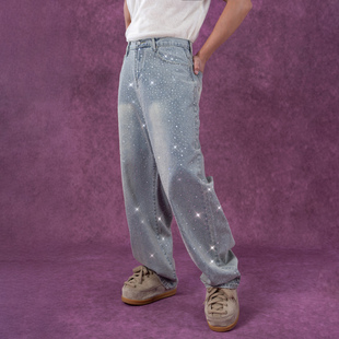 CLP浅蓝色闪钻爆闪亮片牛仔裤男宽松阔腿直筒复古水洗做旧潮休闲