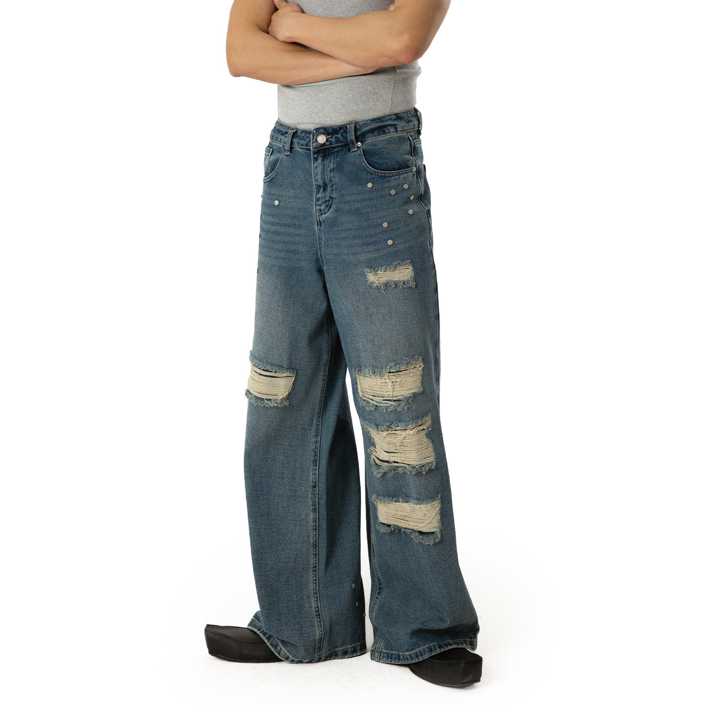 CLP蓝色破洞做旧铆钉双层牛仔裤男宽松直筒阔腿复古水洗刮烂潮Y2K