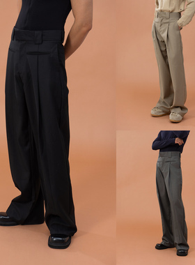 CLP卡其黑灰色宽裤袢设计高腰休闲裤西裤男宽松阔腿直筒复古潮流