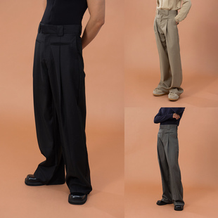 男宽松阔腿直筒复古潮流 西裤 CLP卡其黑灰色宽裤 袢设计高腰休闲裤