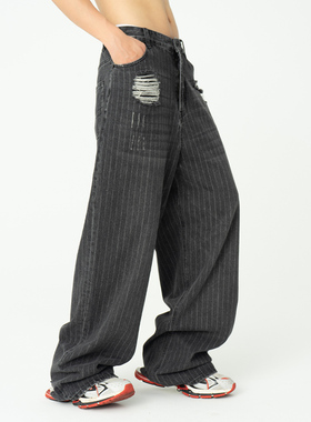CLP灰色破洞做旧baggy条纹牛仔裤宽松阔腿直筒破坏水洗时髦长裤